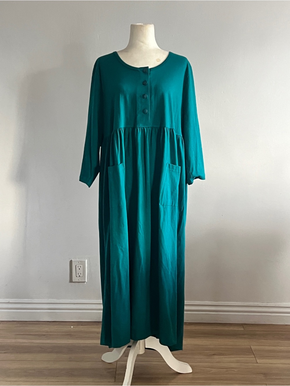 Ulla Popken Teal Long Sleeve with Pockets, Boho Resort Preppy Made in India